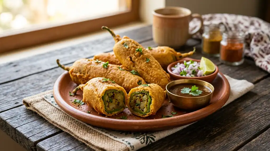 Indian Mirchi Baji (Stuffed Chili Fritters)