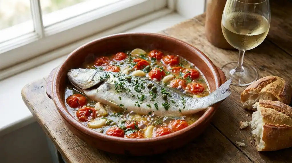 Italian Pesce all'Acqua Pazza (Fish in Crazy Water)