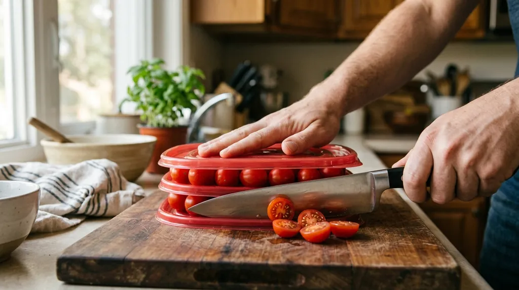 The Lid Trick for Halving Cherry Tomatoes